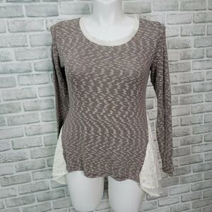 Anthropologie Clu Willoughby L Brown Striped‎ Knit Pullover Sweater Chiffon Trim